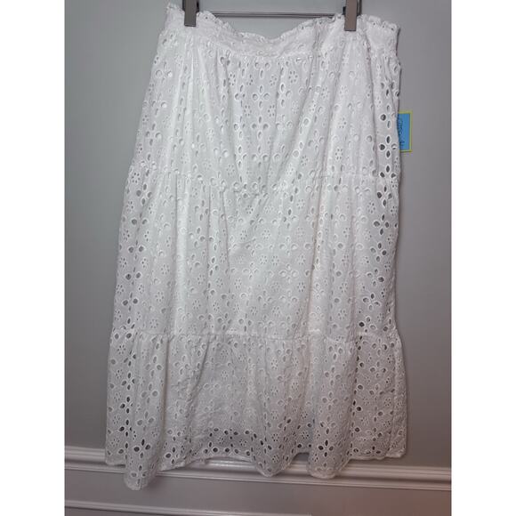 Cece Eyelet Midi A-Line Skirt Elastic Waist Lined Ivory White Women’s Plus 22W - Picture 6 of 15